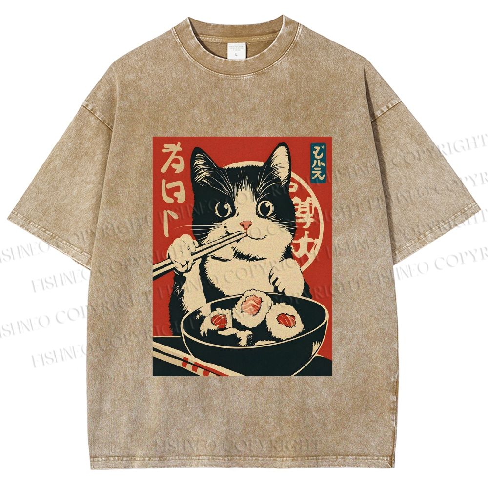 Unisex Kawaii Sushi Cat Printed Washed Tee
