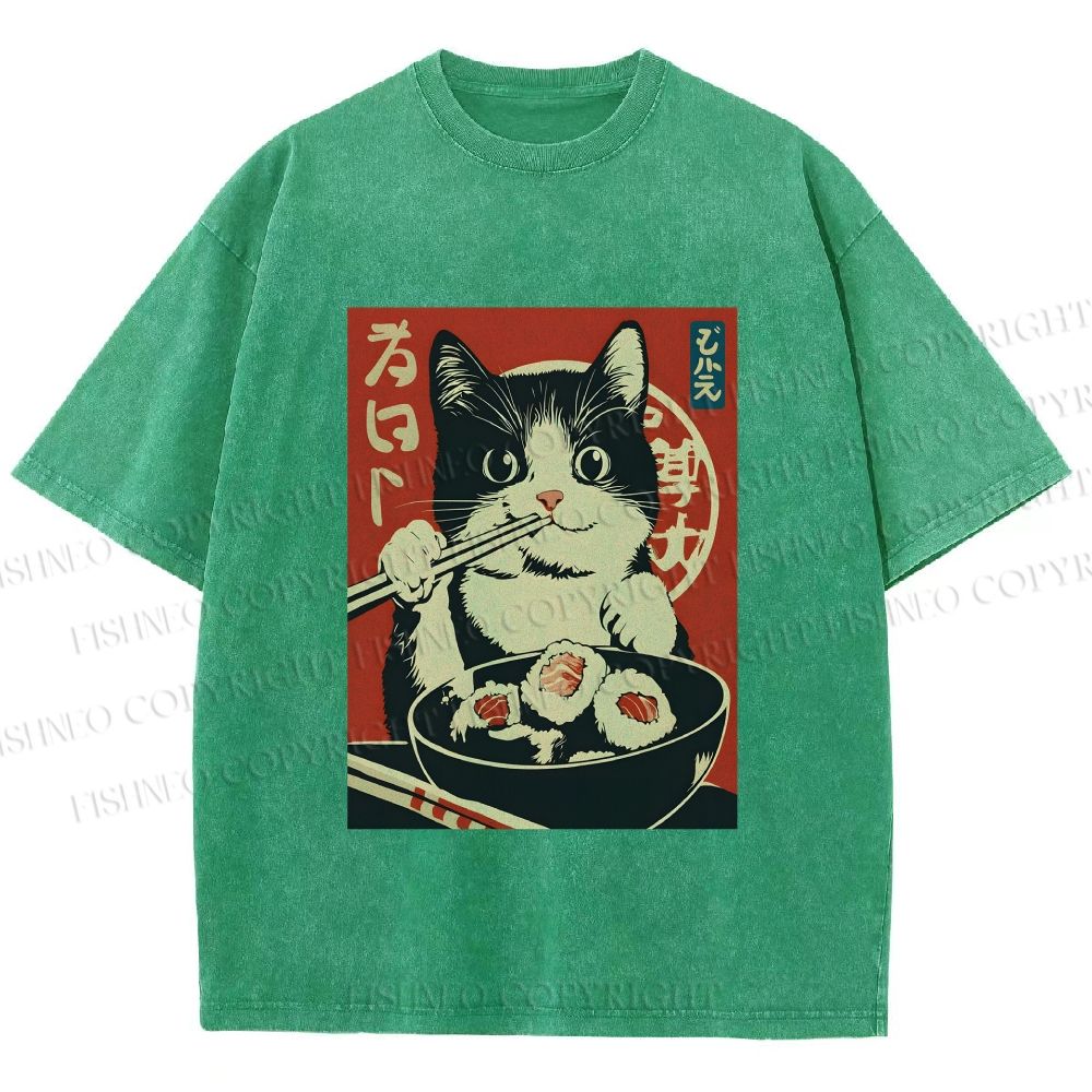 Unisex Kawaii Sushi Cat Printed Washed Tee