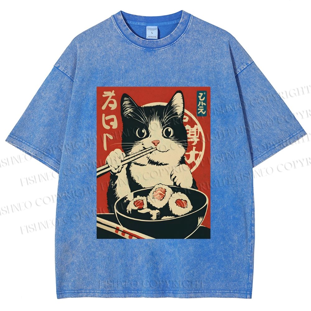 Unisex Kawaii Sushi Cat Printed Washed Tee
