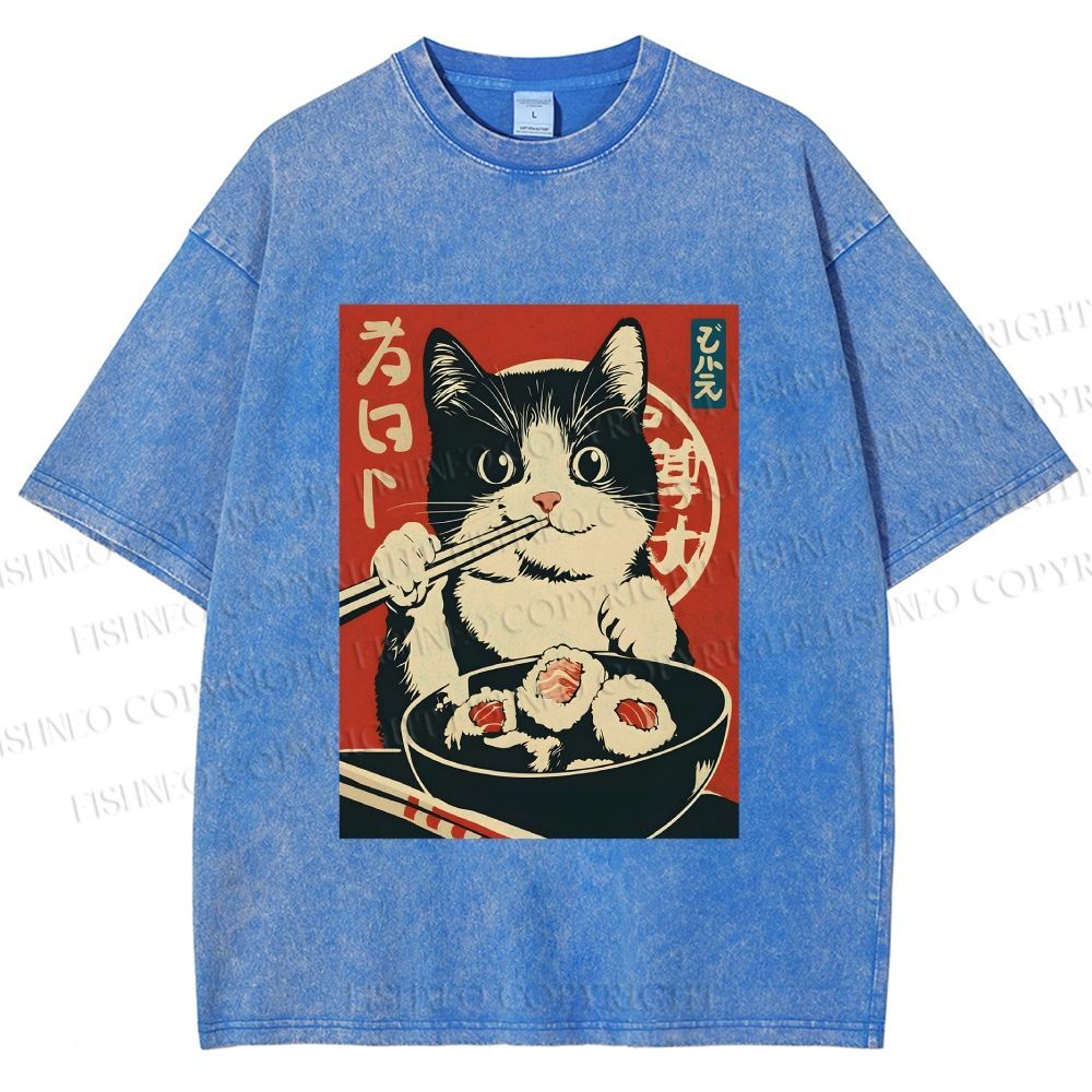 Unisex Kawaii Sushi Cat Printed Washed Tee