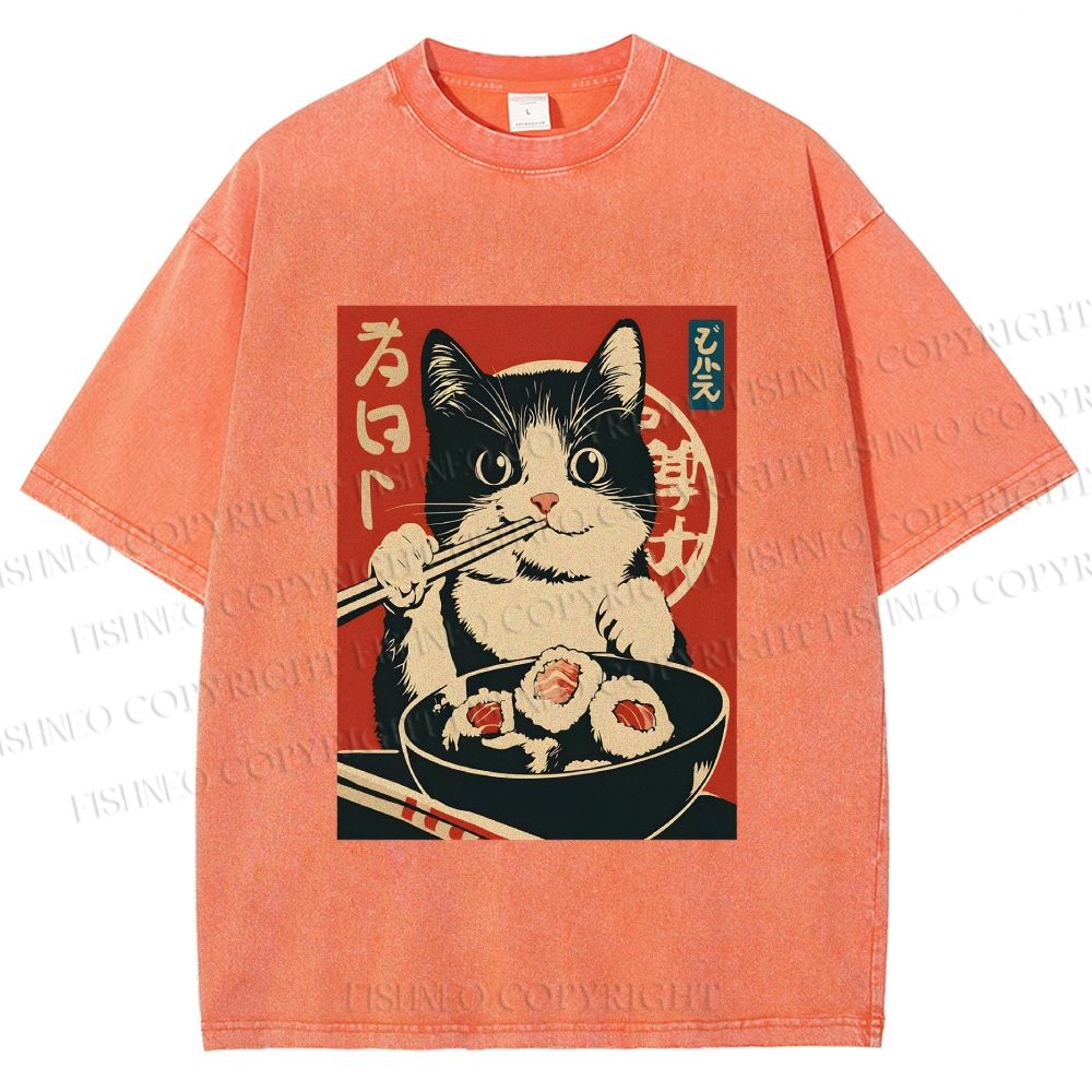 Unisex Kawaii Sushi Cat Printed Washed Tee