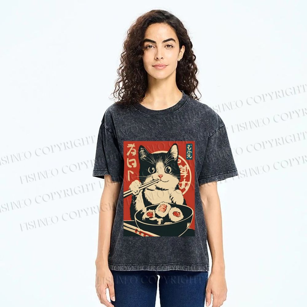 Unisex Kawaii Sushi Cat Printed Washed Tee