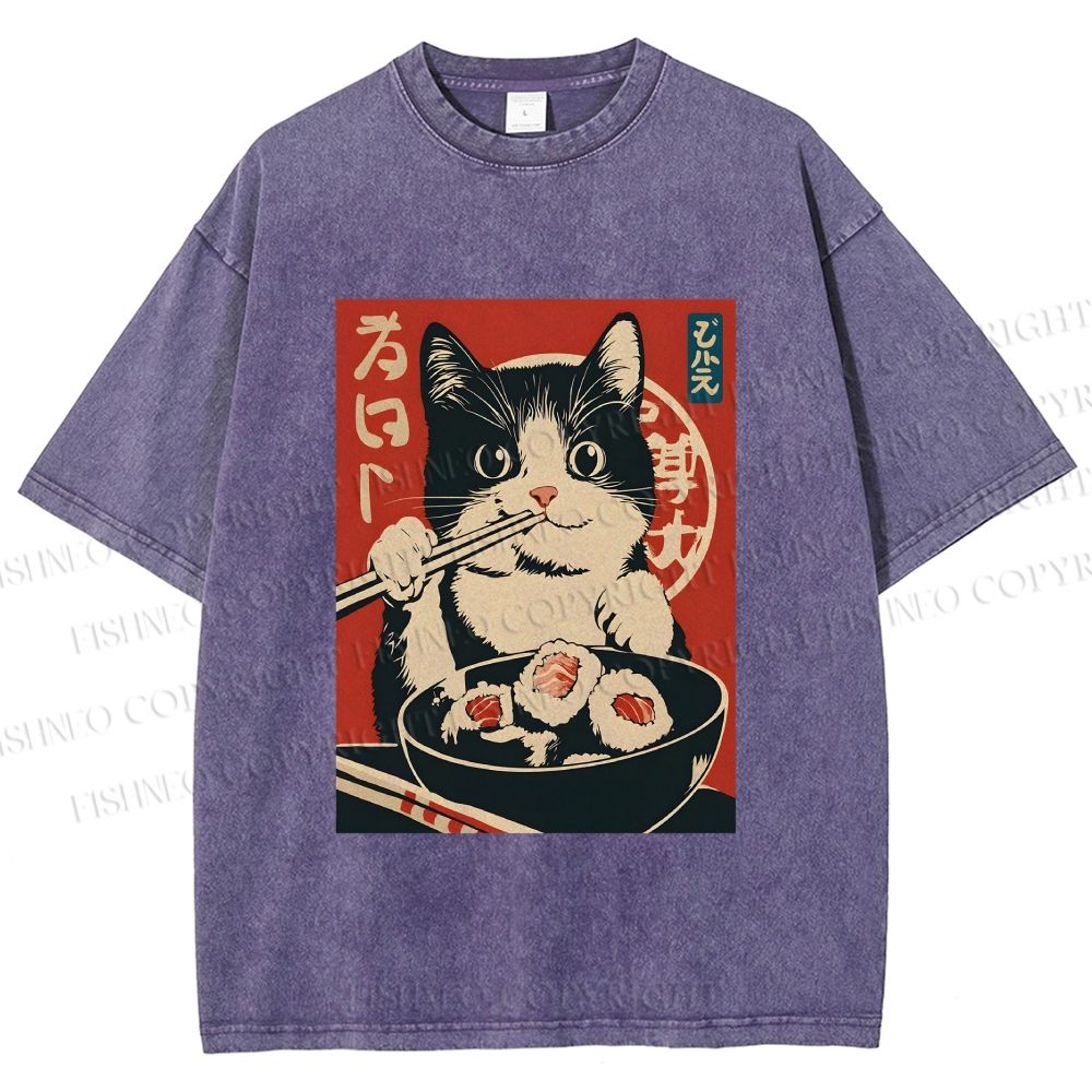 Unisex Kawaii Sushi Cat Printed Washed Tee