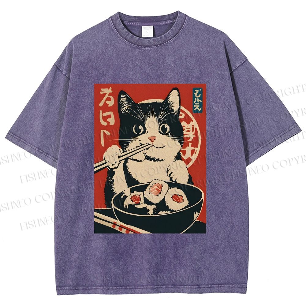 Unisex Kawaii Sushi Cat Printed Washed Tee