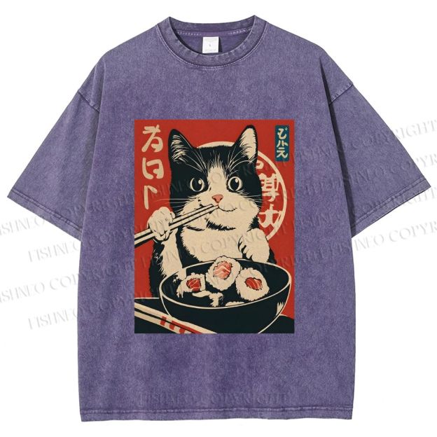 Unisex Kawaii Sushi Cat Printed Washed Tee