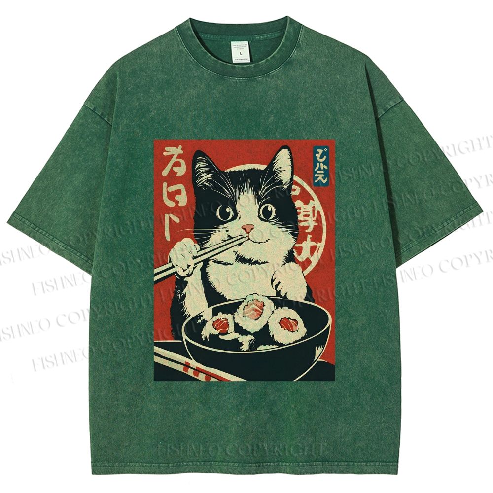 Unisex Kawaii Sushi Cat Printed Washed Tee