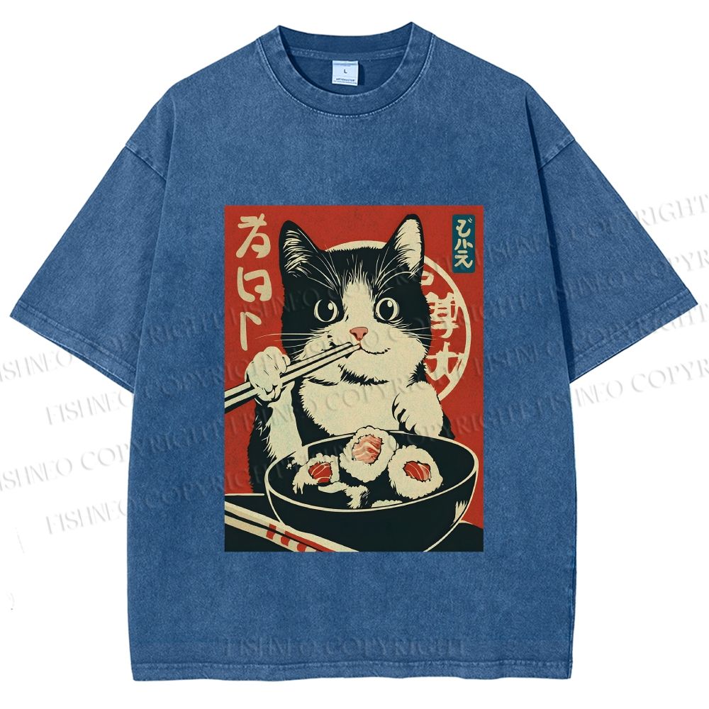 Unisex Kawaii Sushi Cat Printed Washed Tee