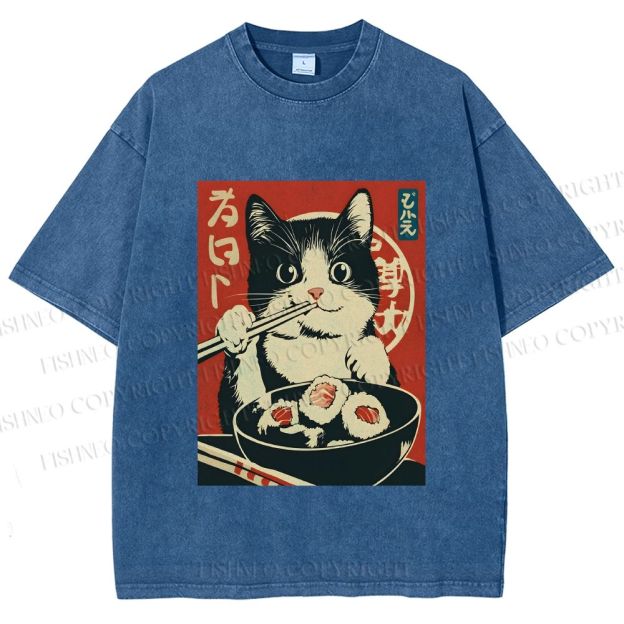Unisex Kawaii Sushi Cat Printed Washed Tee