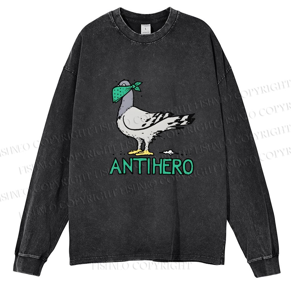 Unisex Funny Pigeon AntiHero Casual Washed Printed Long Sleeve T-shirt