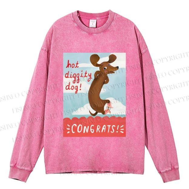 Unisex Dachshund Congrats Casual Washed Printed Long Sleeve T-shirt