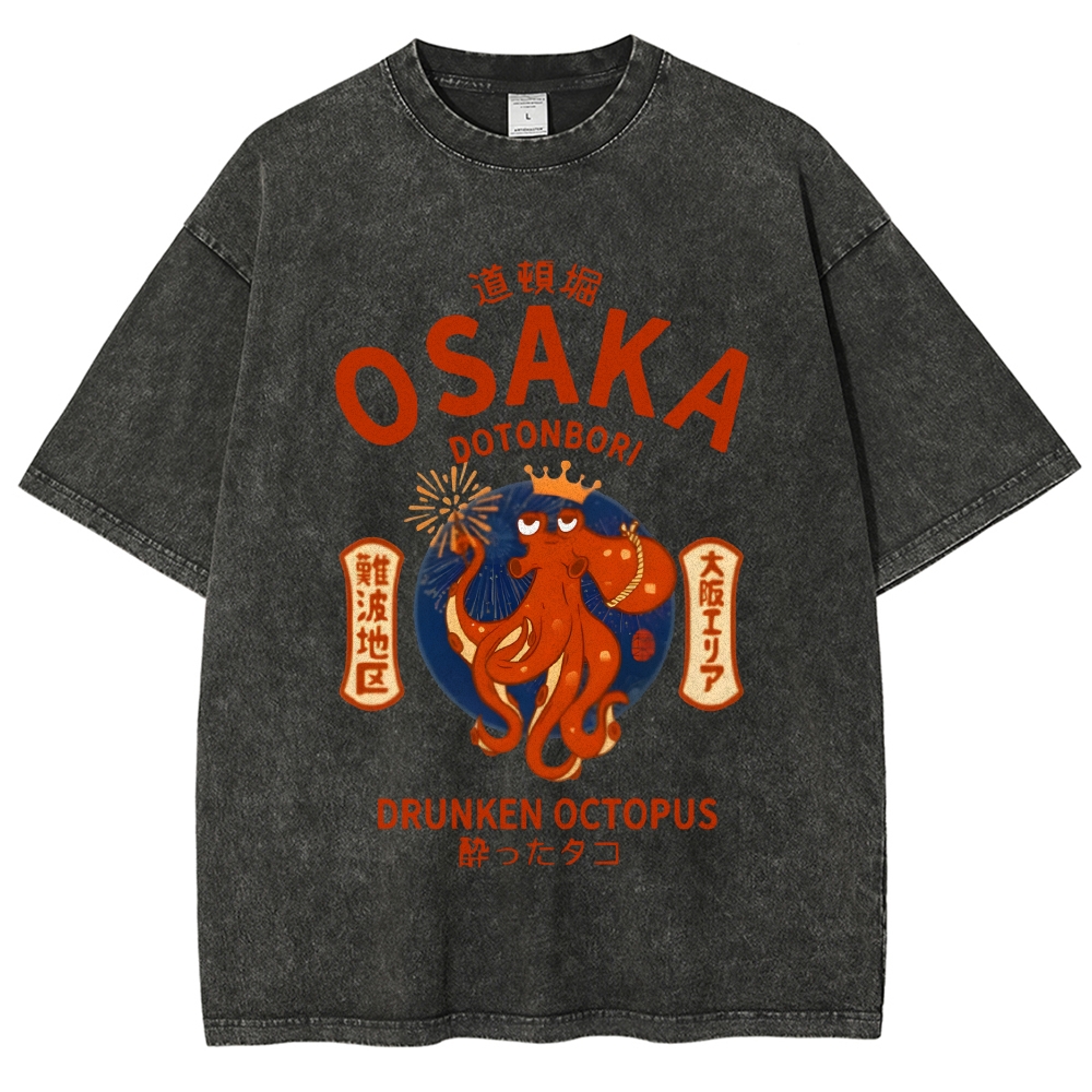 Osaka Dotonbori Drunken Octopus Vintage Wash Japanese Design T-Shirt