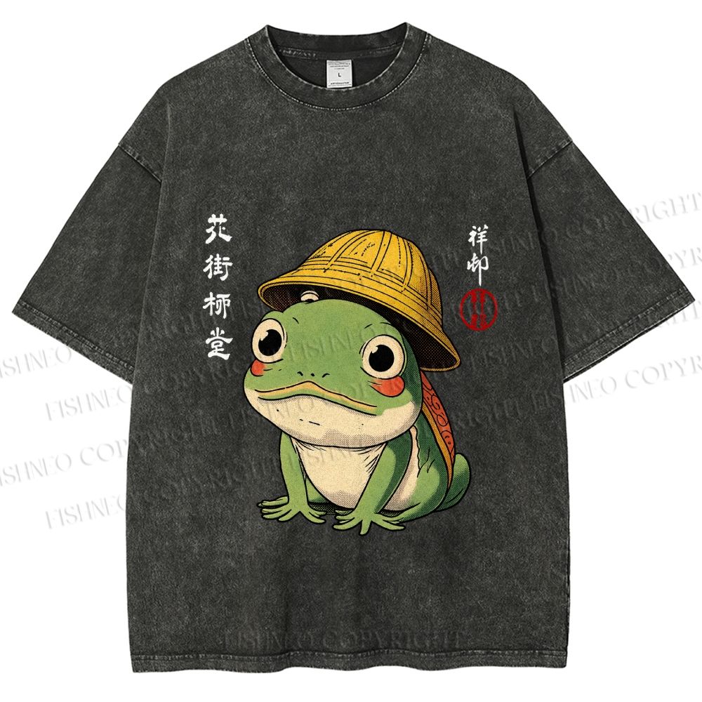 Unisex Japanese Frog Art Printed Washed Tee