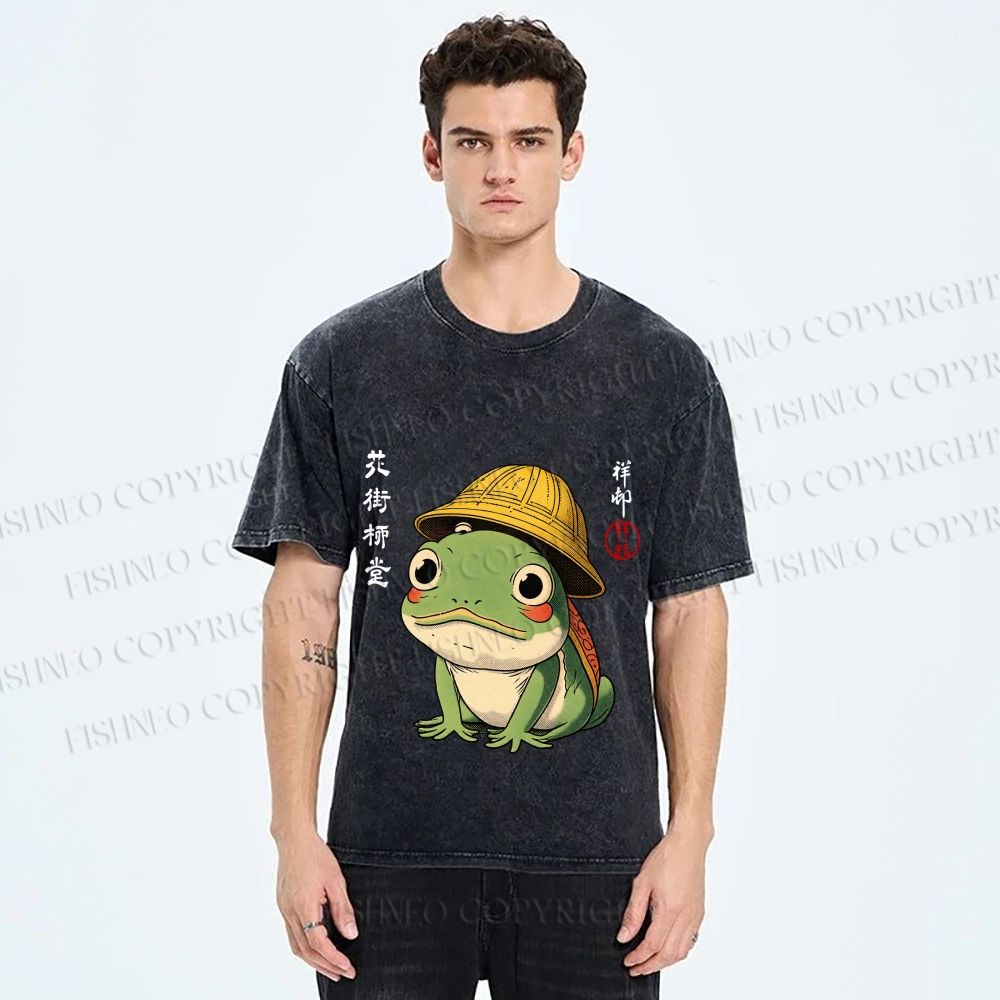 Unisex Japanese Frog Art Printed Washed Tee