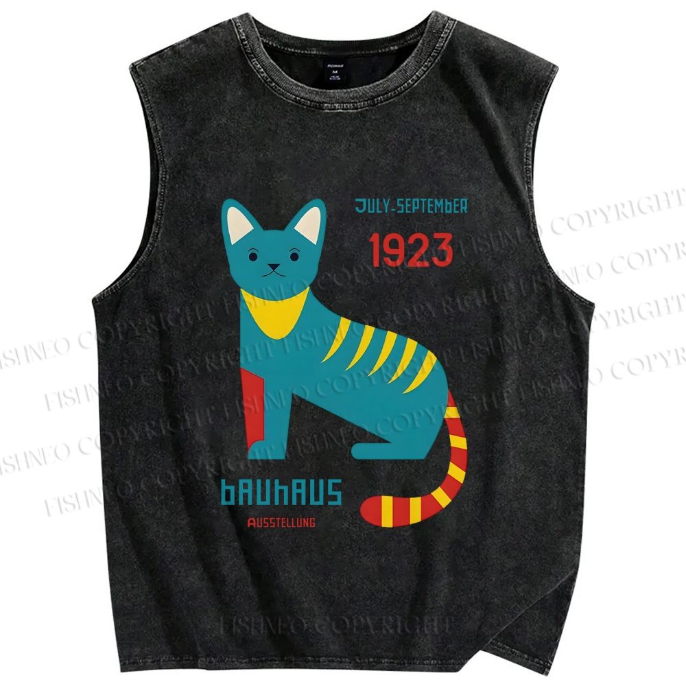 Unisex Bauhaus Blue Cat Printed Washed Tank Top