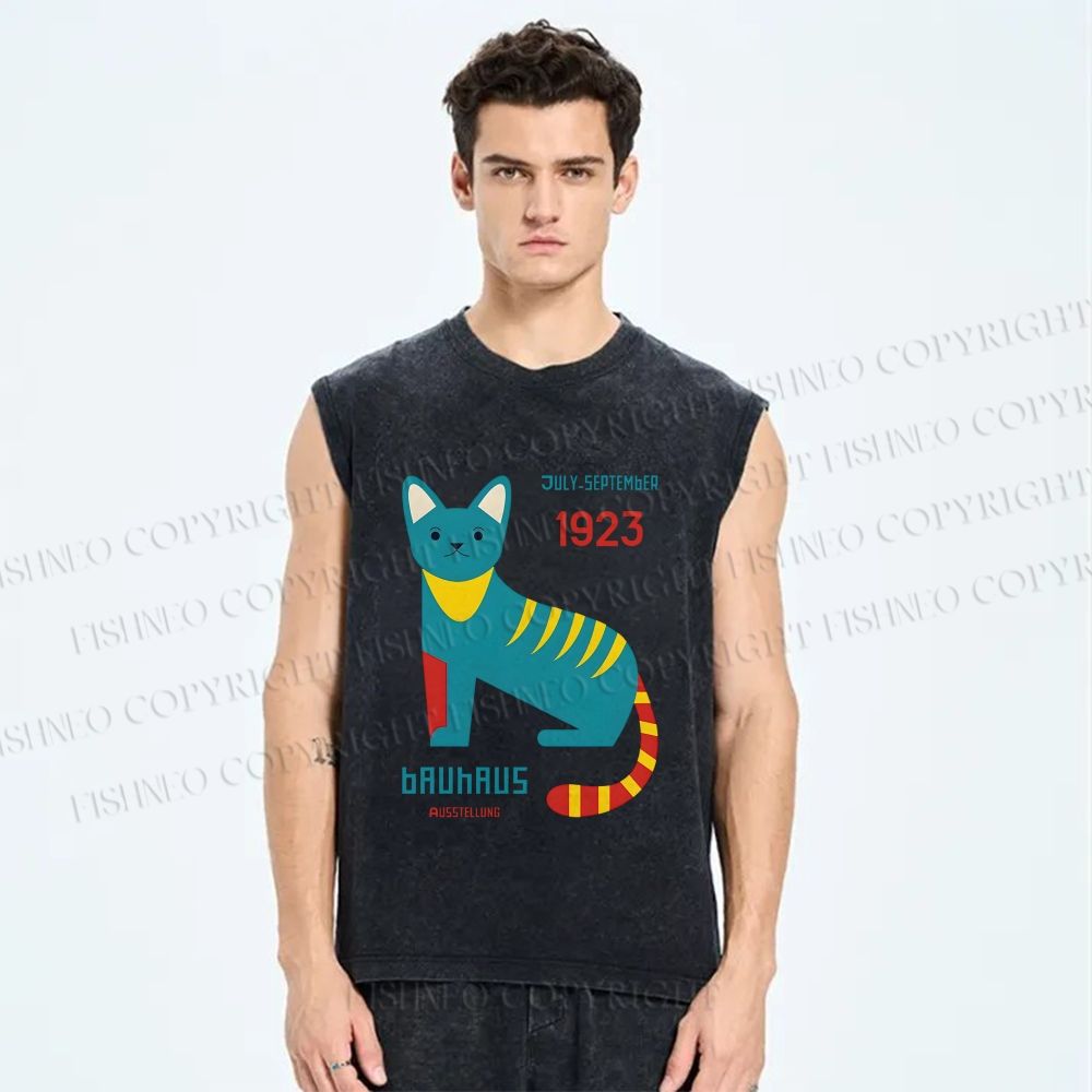 Unisex Bauhaus Blue Cat Printed Washed Tank Top