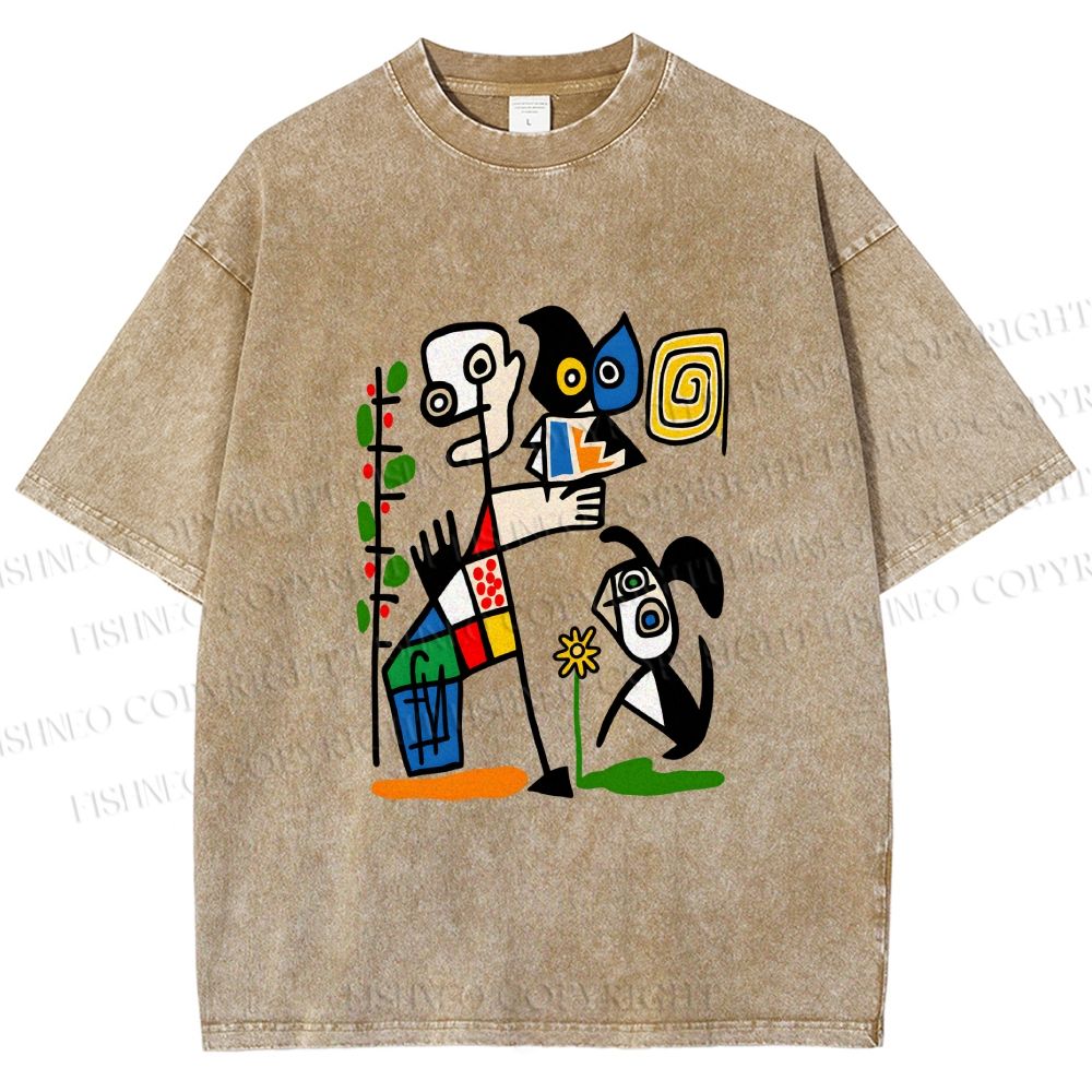 Unisex Franck Vidal Geometric Guy With Owl And Dog Printed Washed Tee