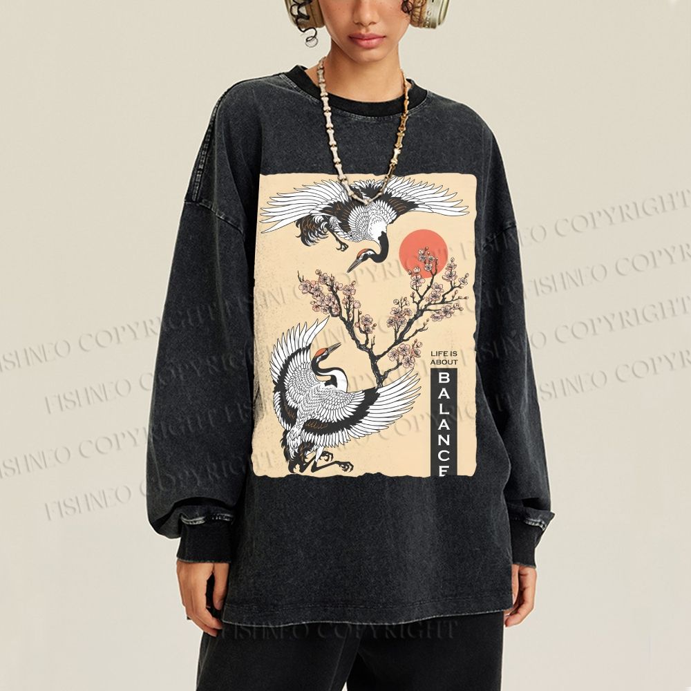Unisex Vintage Janese Cranes Casual Washed Printed Long Sleeve T-shirt