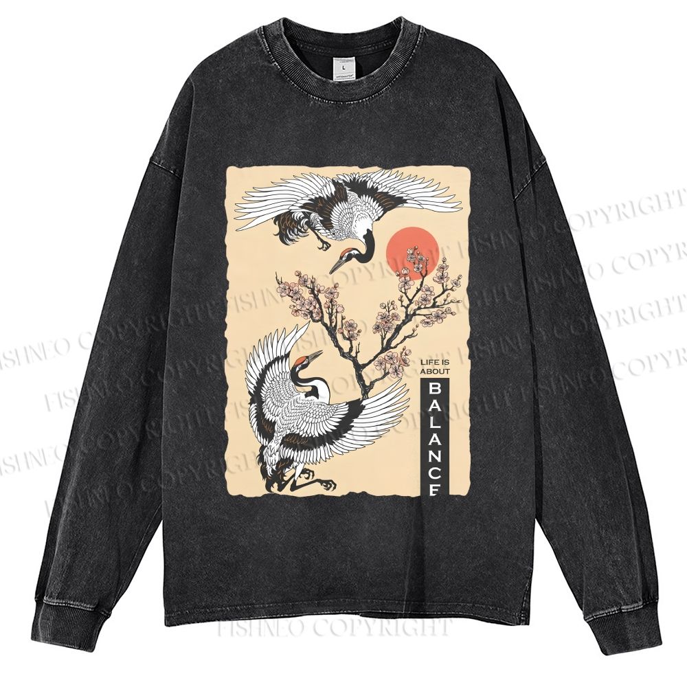Unisex Vintage Janese Cranes Casual Washed Printed Long Sleeve T-shirt