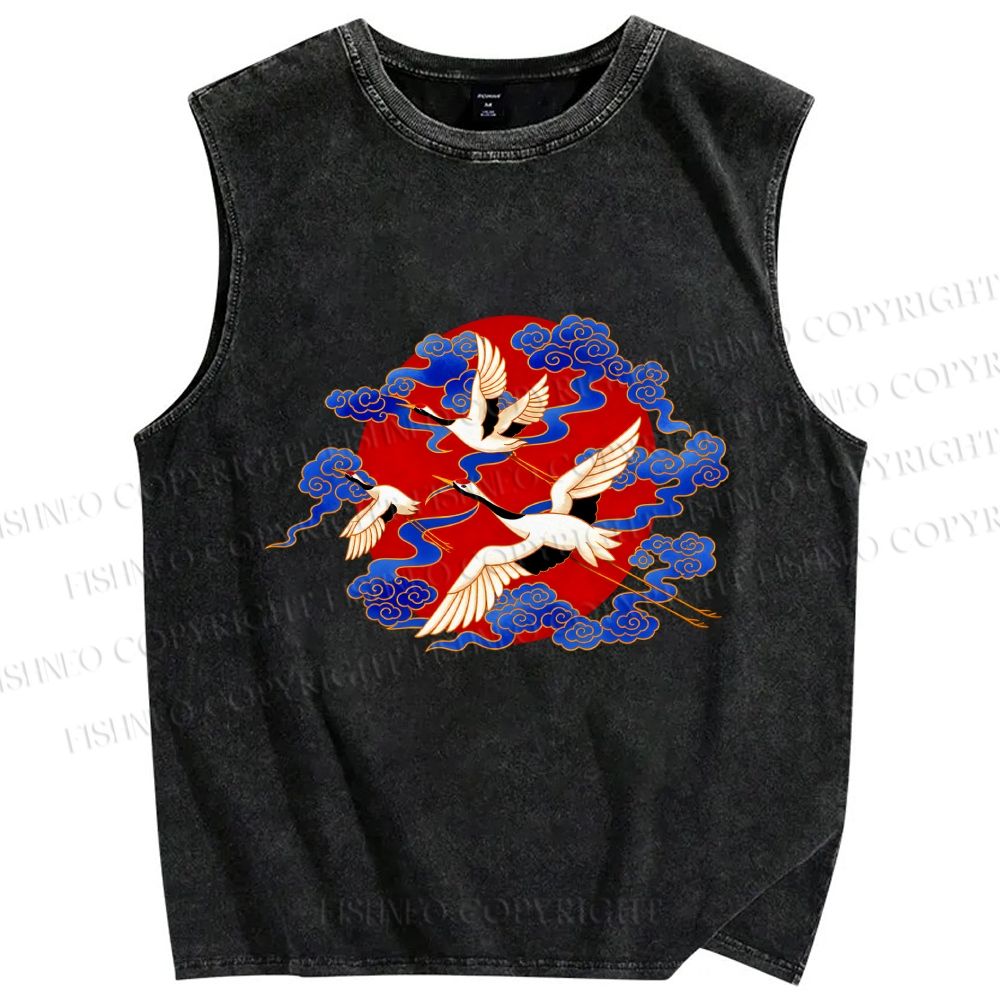 Unisex Japanese Ukiyo-e Crane in Cloud Printed Washed Tank Top
