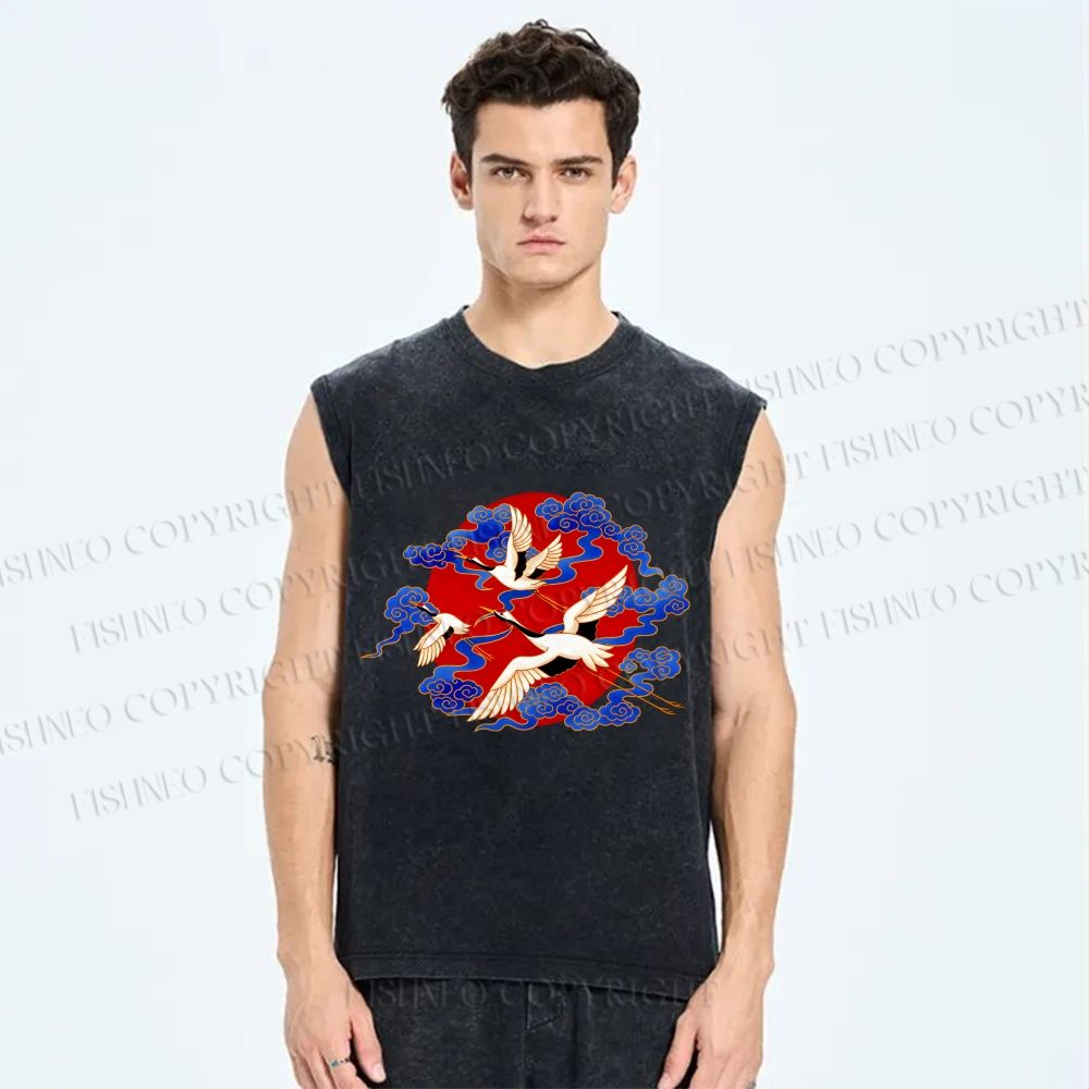 Unisex Japanese Ukiyo-e Crane in Cloud Printed Washed Tank Top