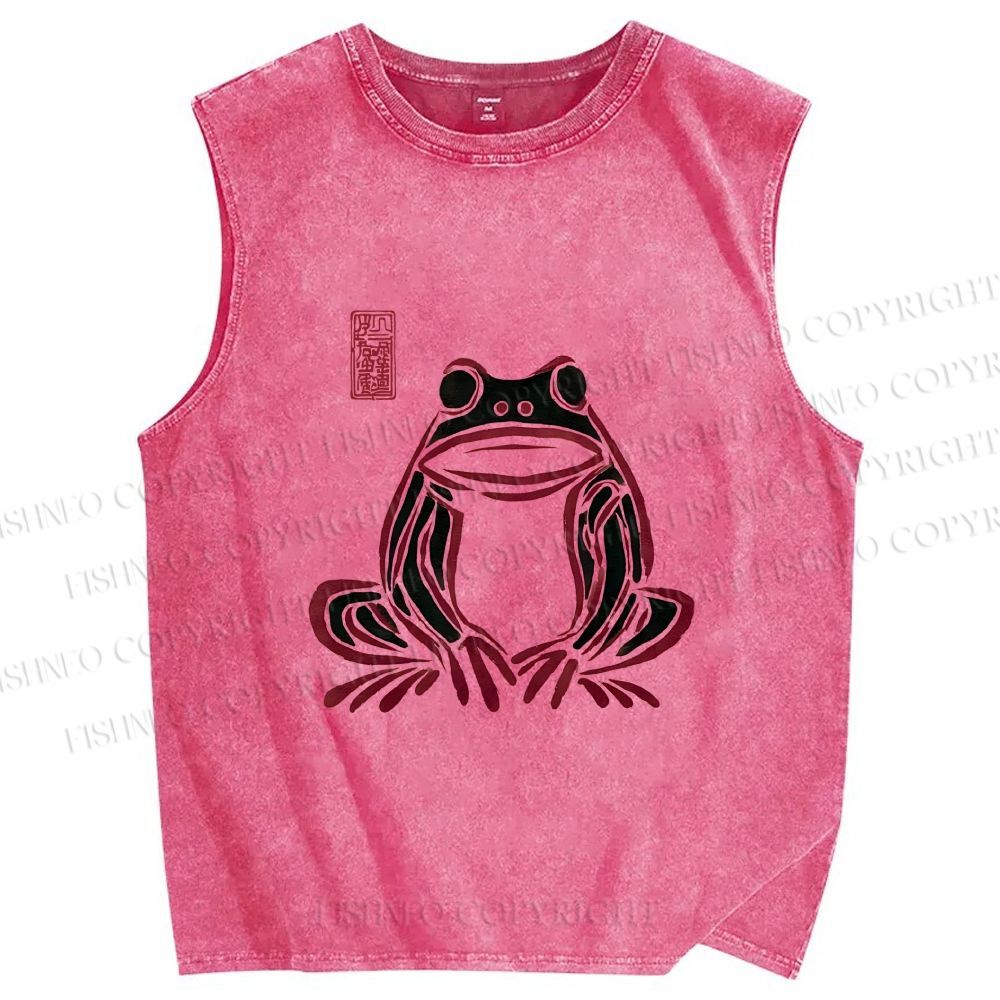 Unisex Japanese Funny Frog Printed Washed Tank Top