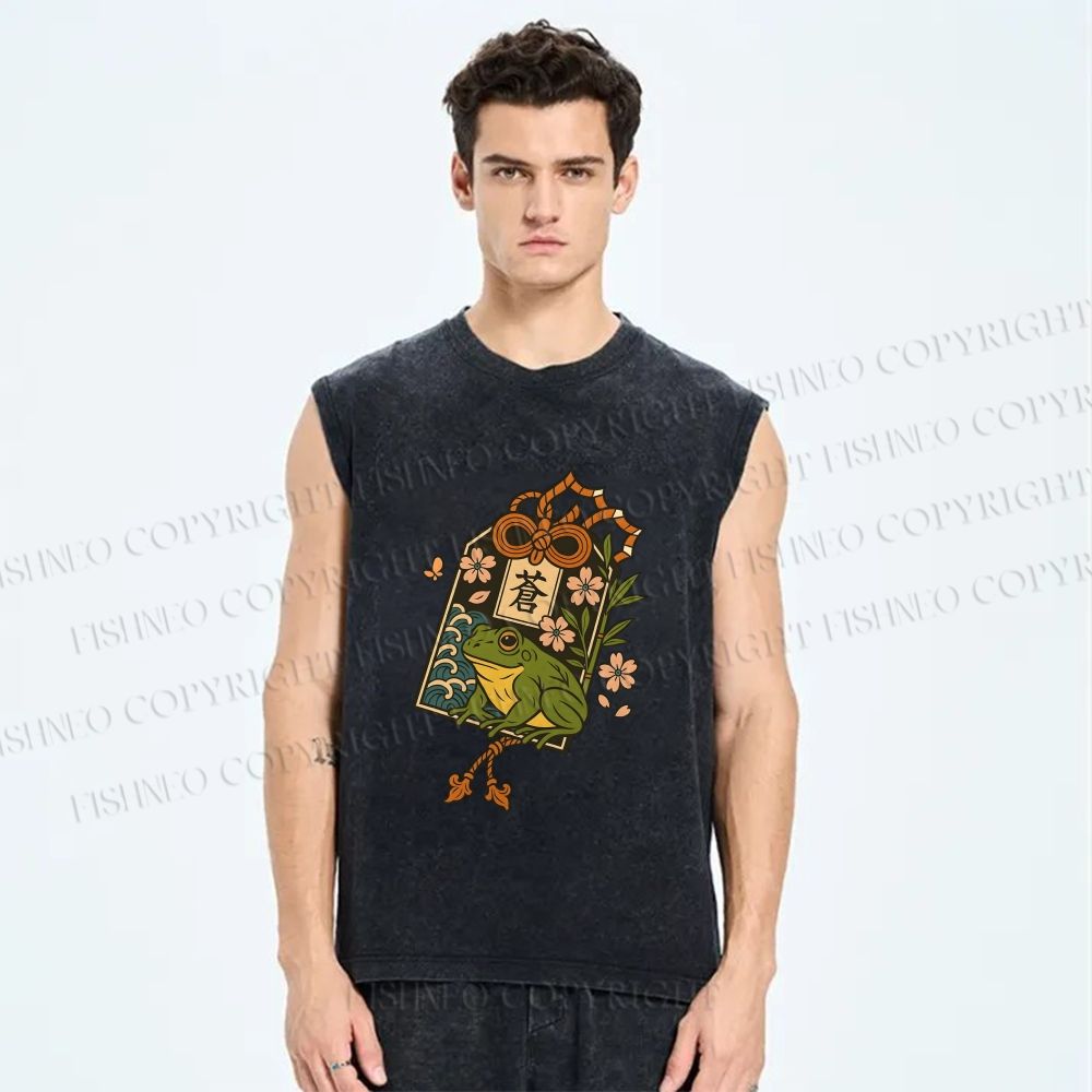 Unisex Japanese Vintage Frog Printed Washed Tank Top