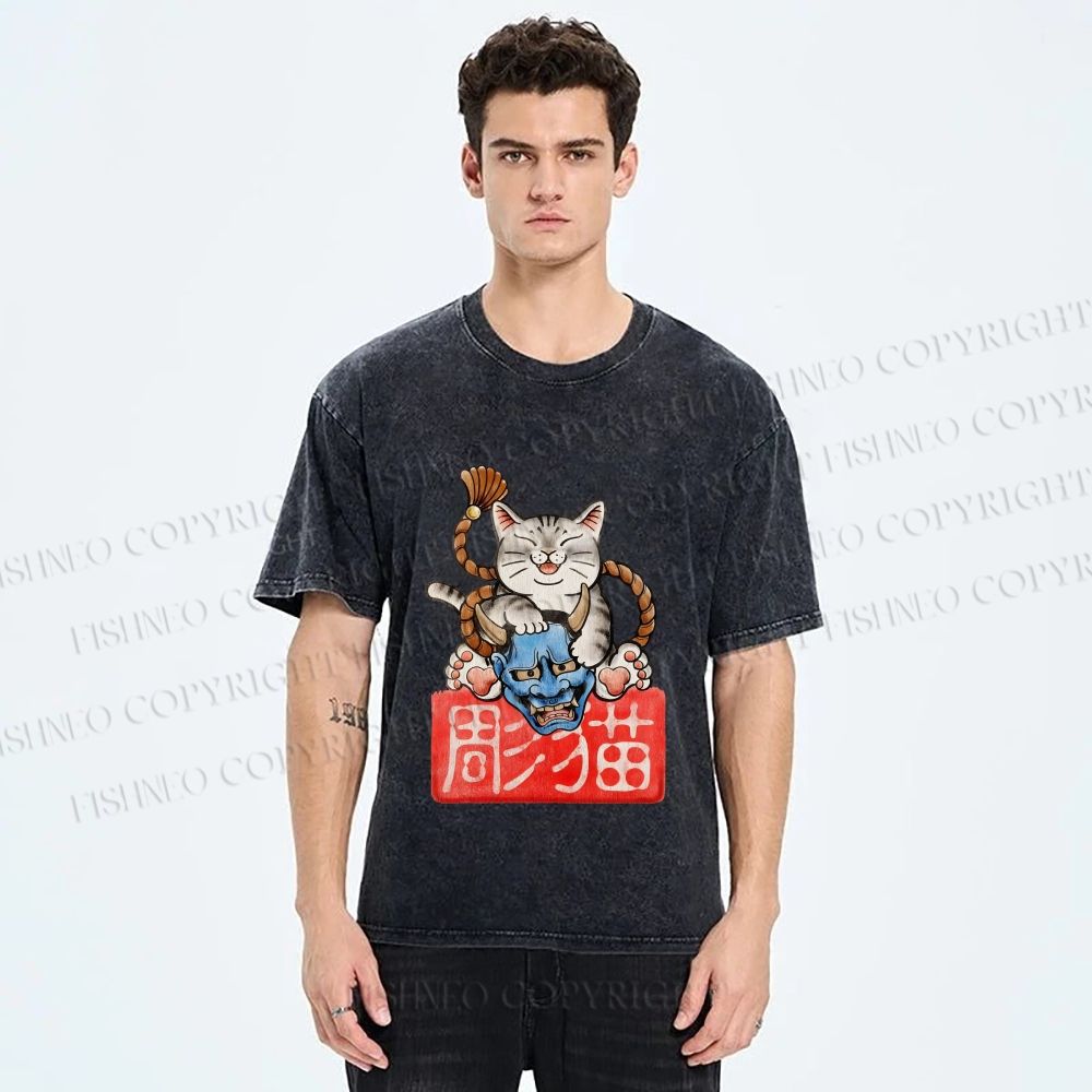 Unisex Japanese Cat Printed Washed Tee
