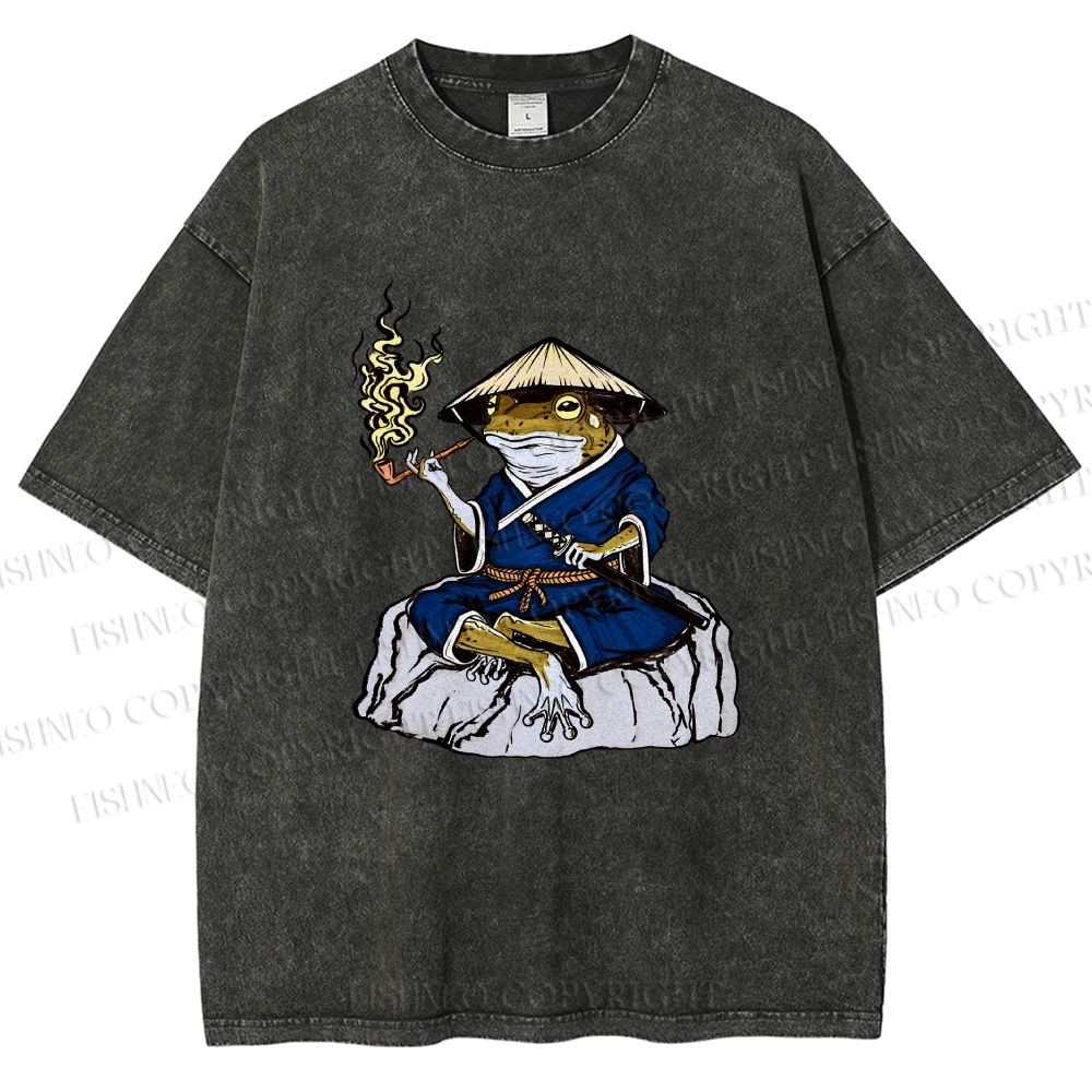 Unisex Japanese Frog Samurai in Ukiyo-e Style Printed Washed Tee