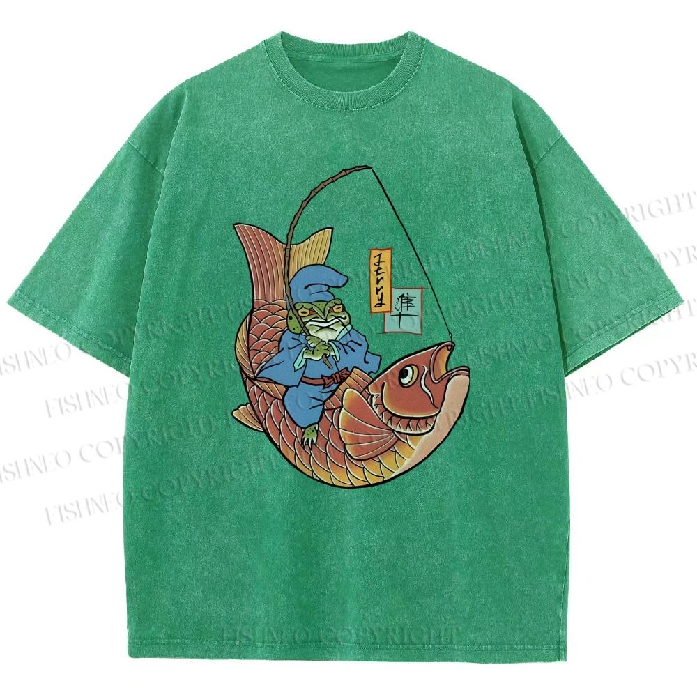 Unisex Vintage Frog With Koi Fish Printed Washed Tee