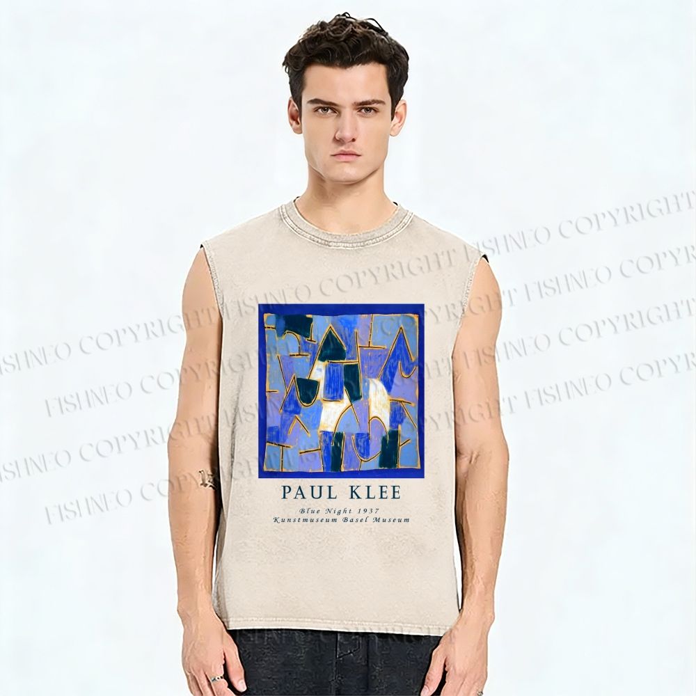 Unisex Paul Klee Blue Blocks Printed Washed Tank Top