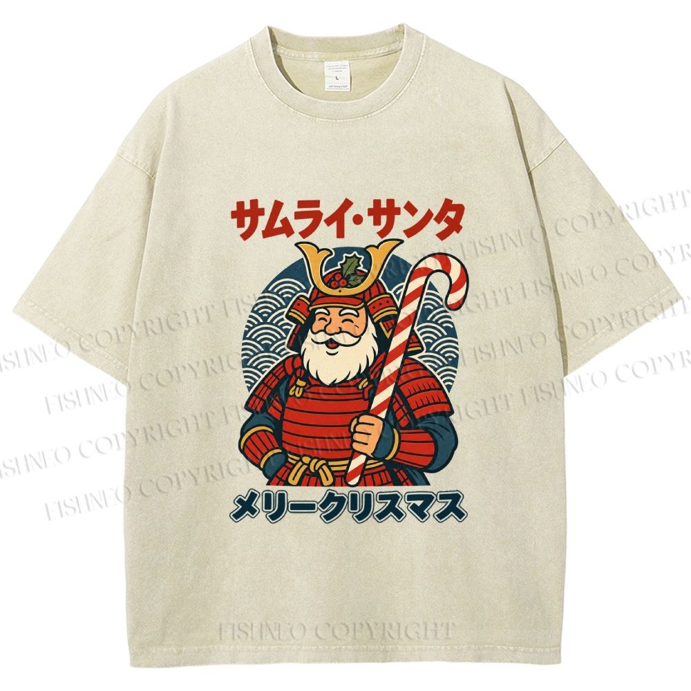 Unisex Samurai Santa Merry Christmas Printed Washed Tee