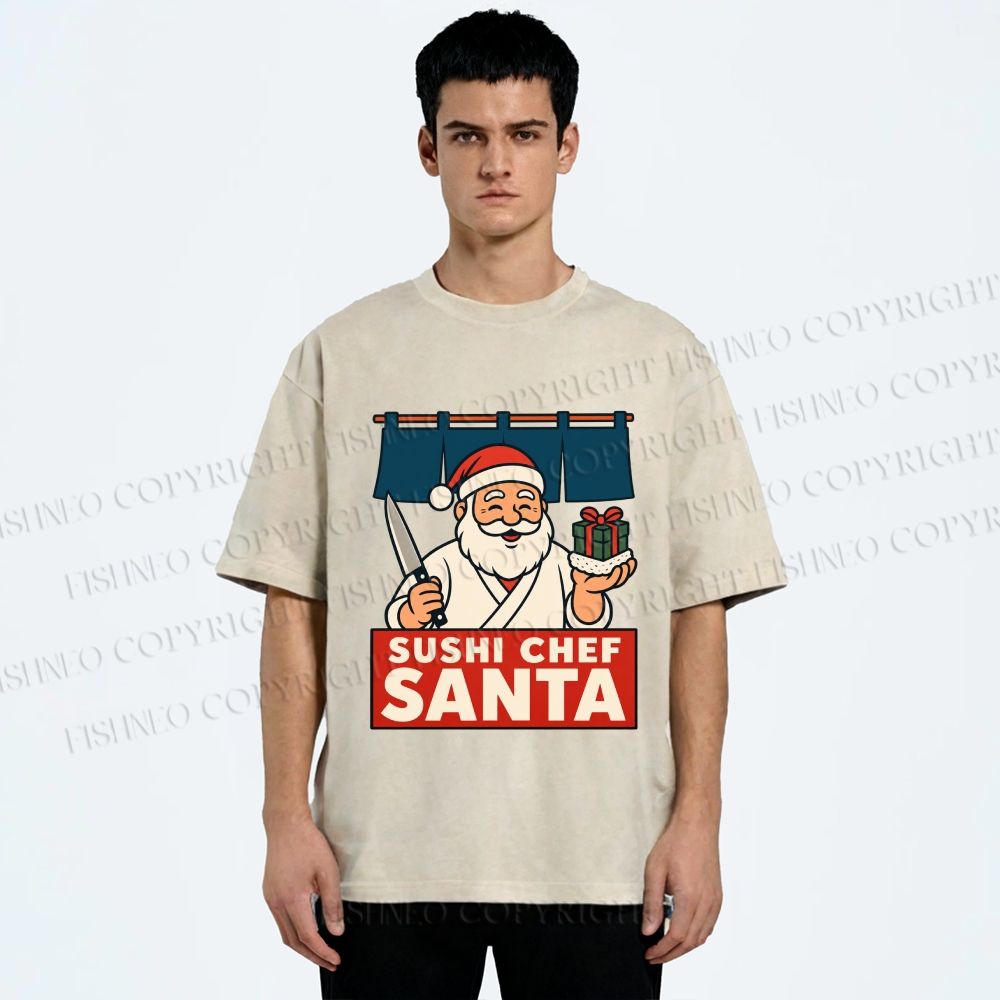 Unisex Sushi Chef Santa Printed Washed Tee