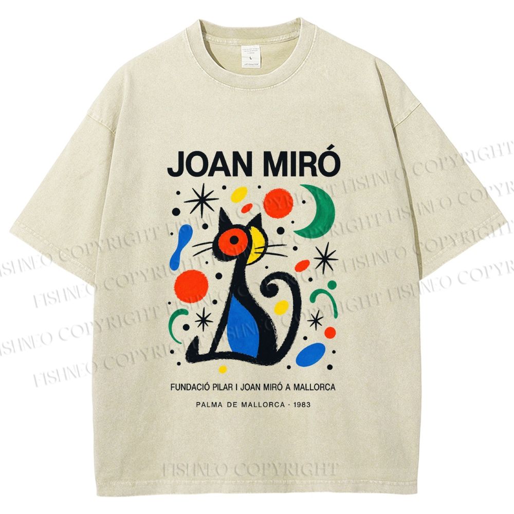 Unisex Joan Miró Style Cat Printed Washed Tee