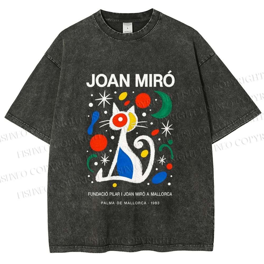 Unisex Joan Miró Style Cat Printed Washed Tee