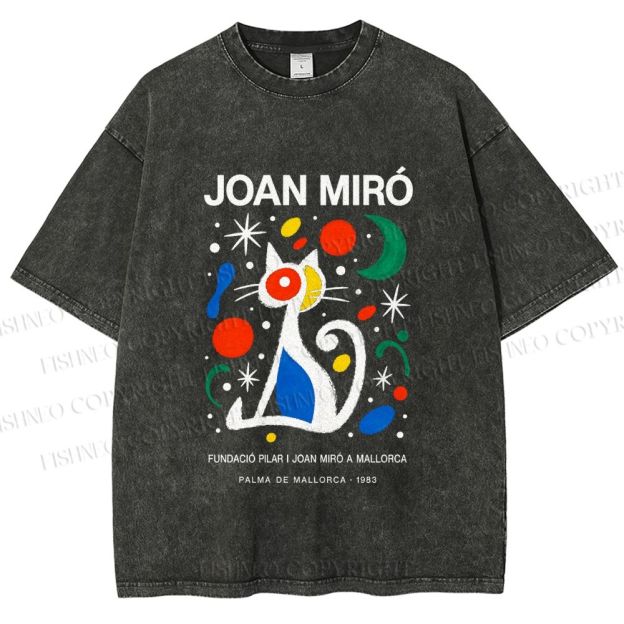 Unisex Joan Miró Style Cat Printed Washed Tee