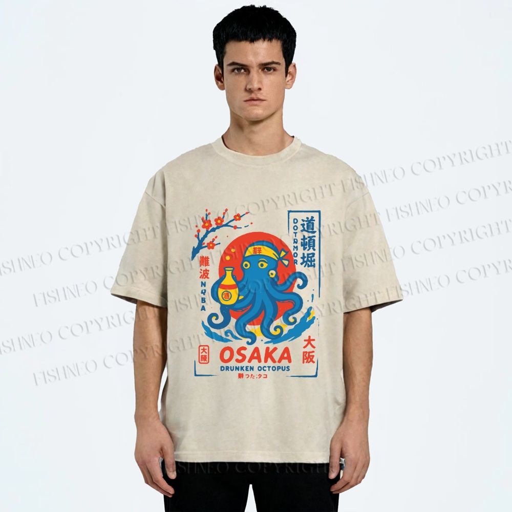 Unisex Octopus Osaka Japan Printed Washed Tee