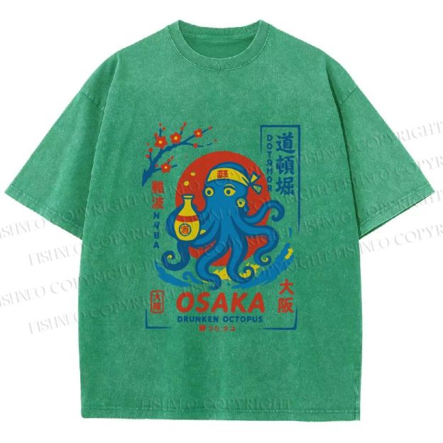 Unisex Octopus Osaka Japan Printed Washed Tee