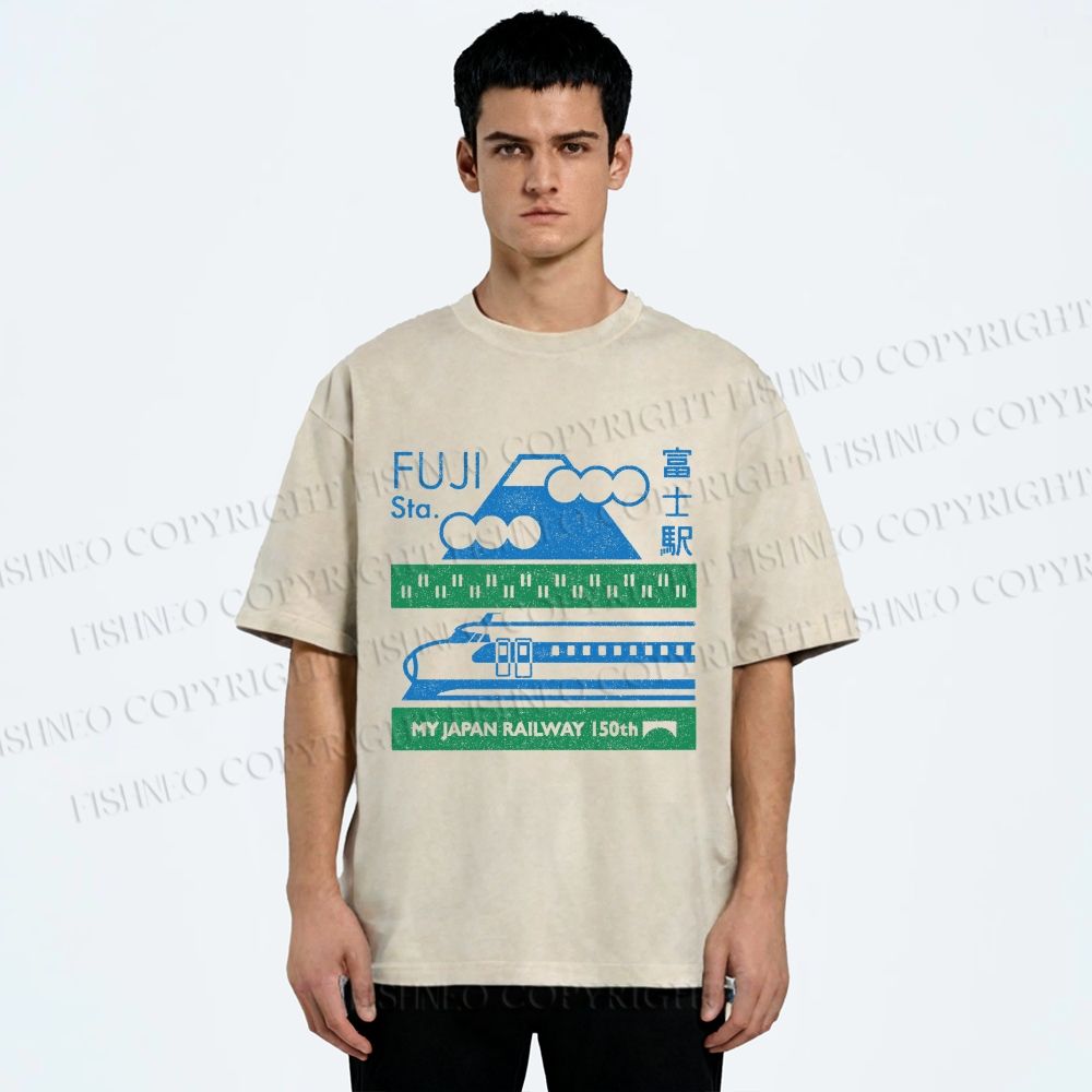 Unisex Fuji Station Printed Washed Tee
