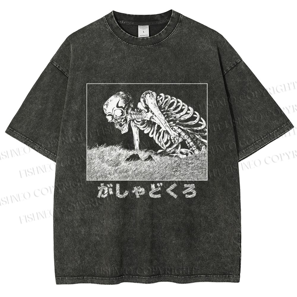 Unisex Gashadokuro Creepy Giant Skull Printed Washed Tee