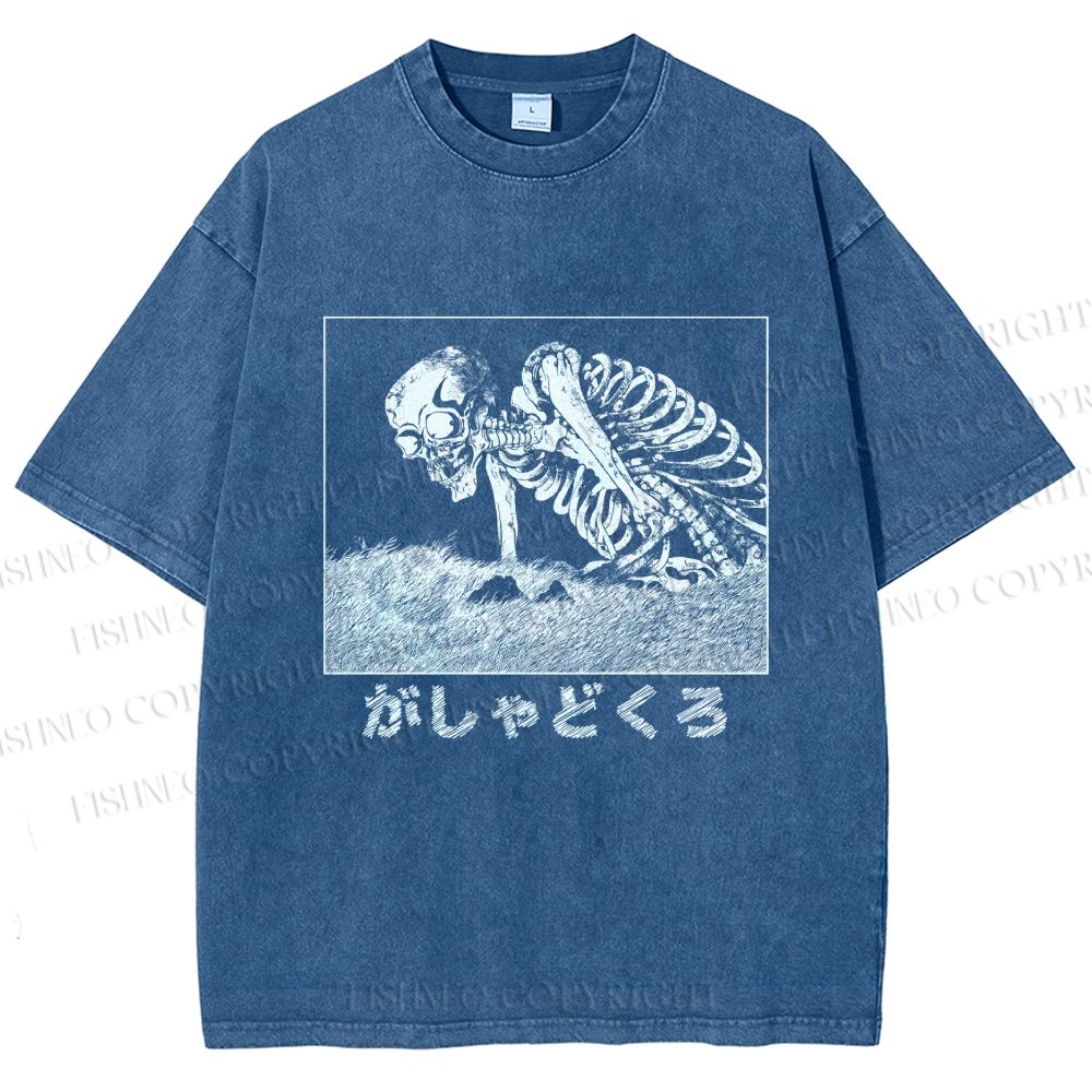 Unisex Gashadokuro Creepy Giant Skull Printed Washed Tee