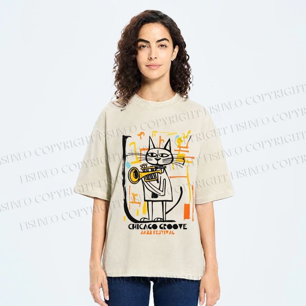 Unisex Fancy Line Cat in Jazz Festival Printed Washed Tee