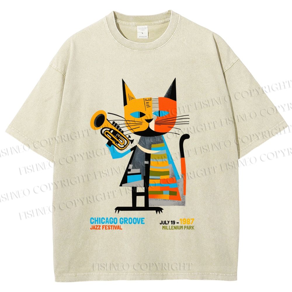 Unisex Geometric Cat in Jazz Festival Printed Washed Tee