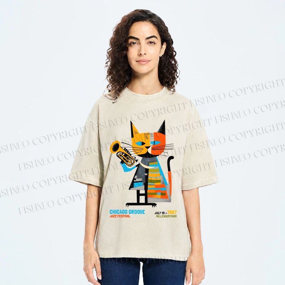 Unisex Geometric Cat in Jazz Festival Printed Washed Tee