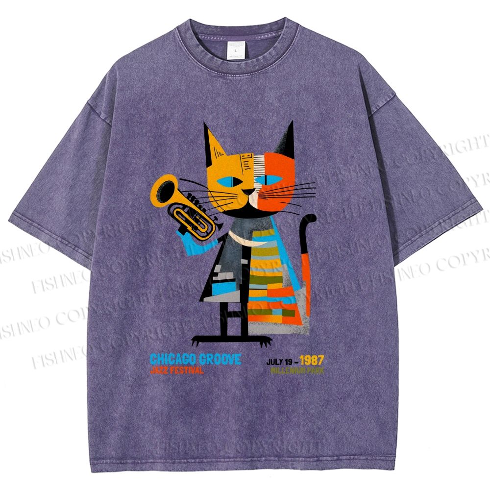 Unisex Geometric Cat in Jazz Festival Printed Washed Tee