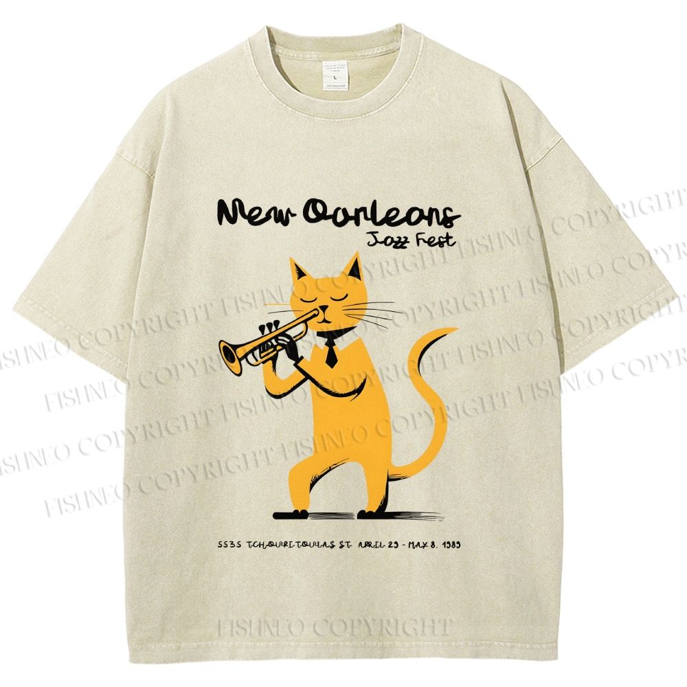 Unisex Jazz Cat Playing the Trumpet Printed Washed Tee