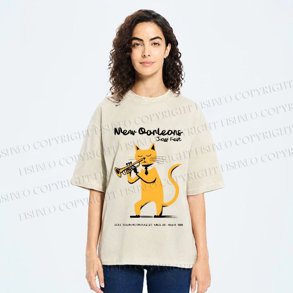 Unisex Jazz Cat Playing the Trumpet Printed Washed Tee