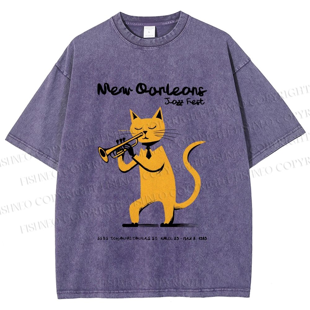 Unisex Jazz Cat Playing the Trumpet Printed Washed Tee