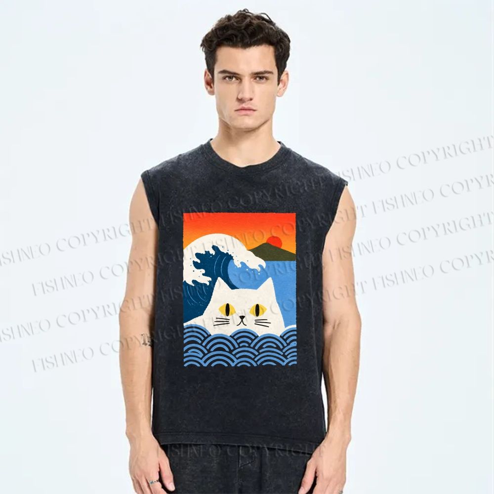 Unisex White Cat With Wave Japanese Printed Washed Tank Top