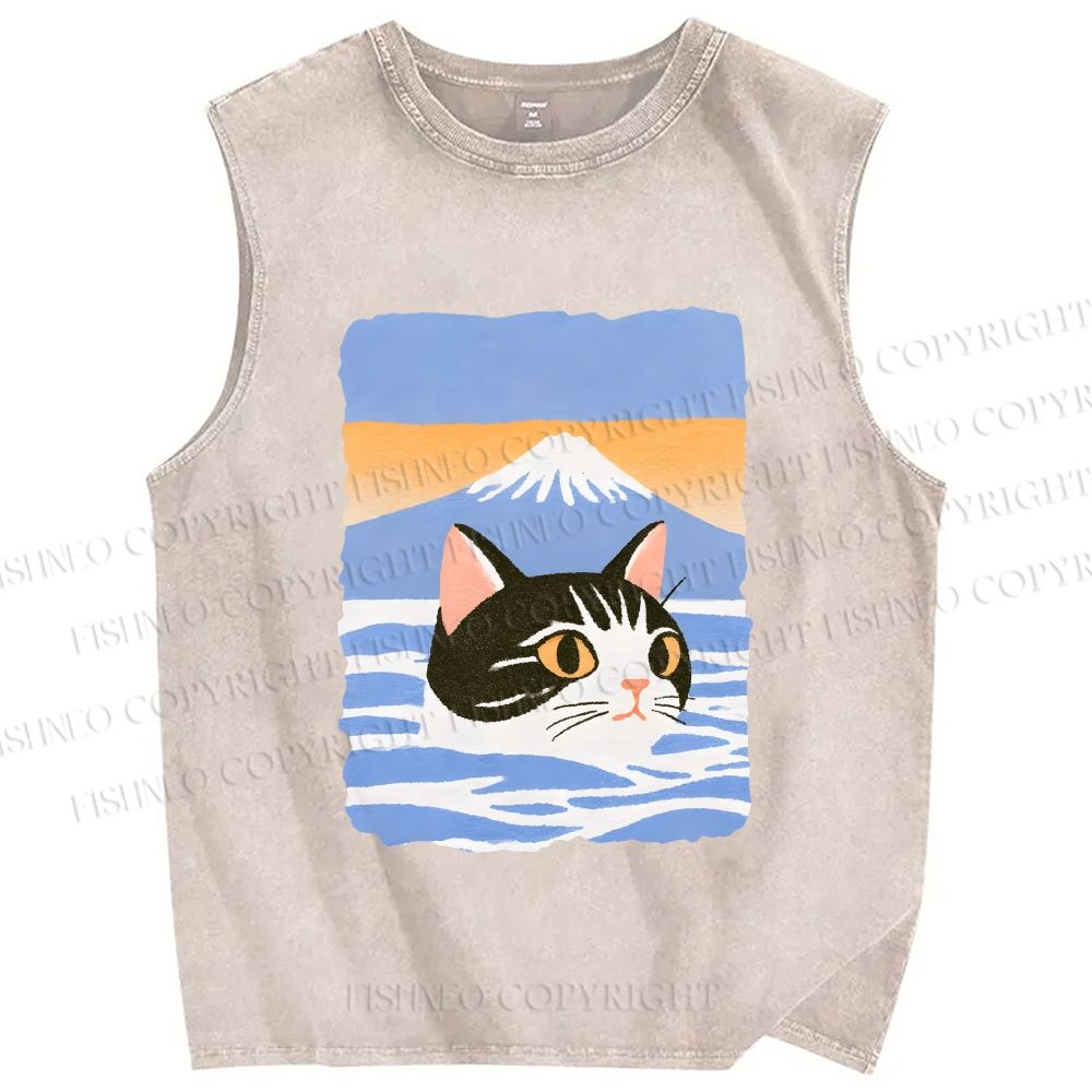 Unisex Cat With Mount Fuji Printed Washed Tank Top