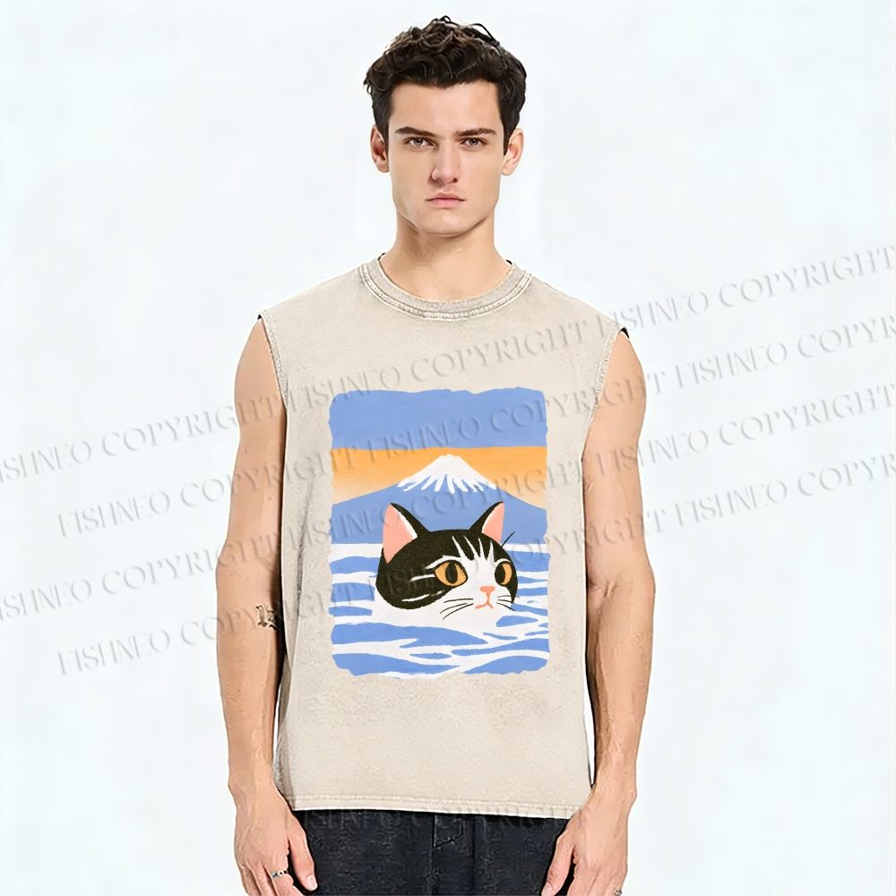Unisex Cat With Mount Fuji Printed Washed Tank Top
